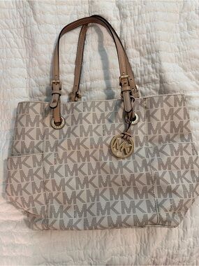 Michael Kors Neutral MK Logo Tote with Gold Charm